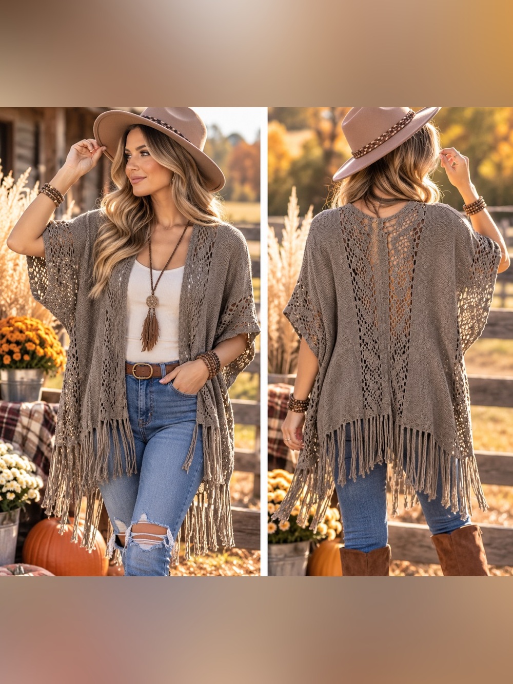 Buckle Taupe Open-Knit Fringe Poncho